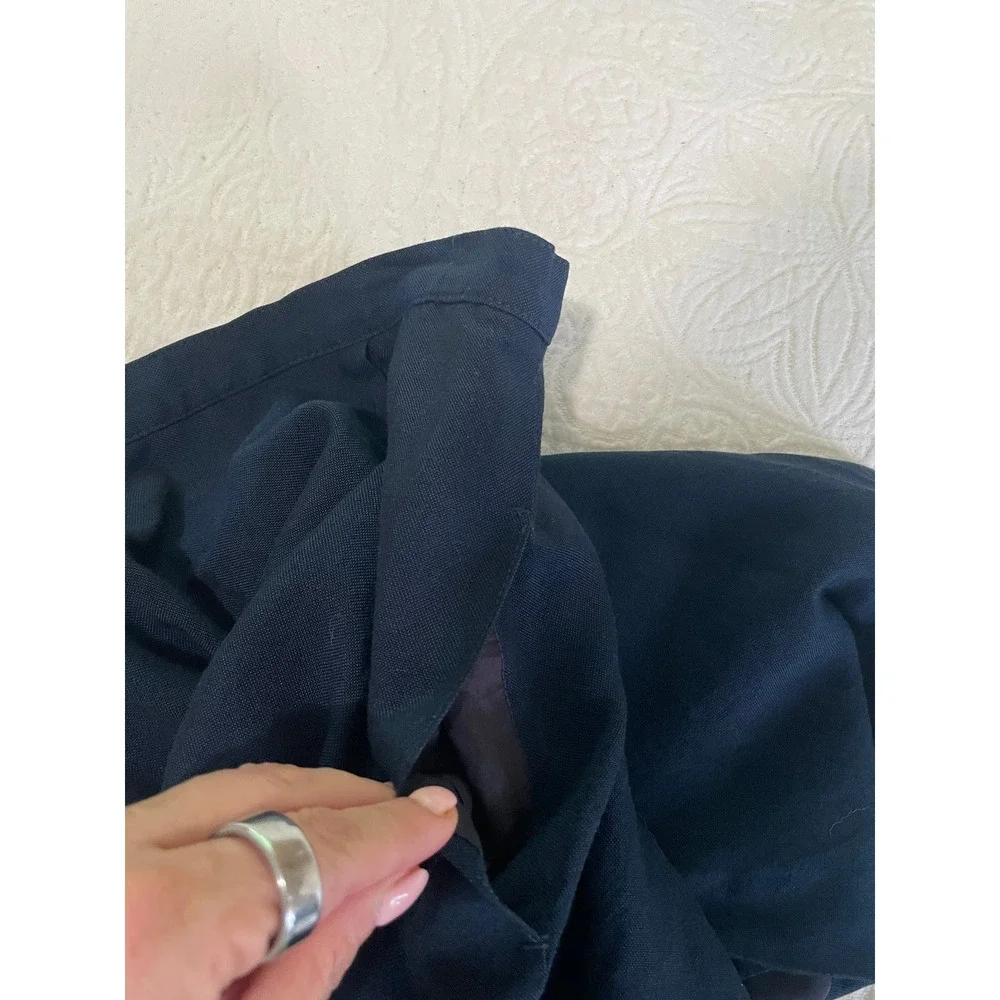 Vintage Navy Blue‎ Linen Blend Midi Skirt High Waisted Back Slit Size 10 Pockets